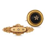 AN ANTIQUE 9CT GOLD DIAMOND SET BROOCH, together with an antique stone set cabochon set brooch