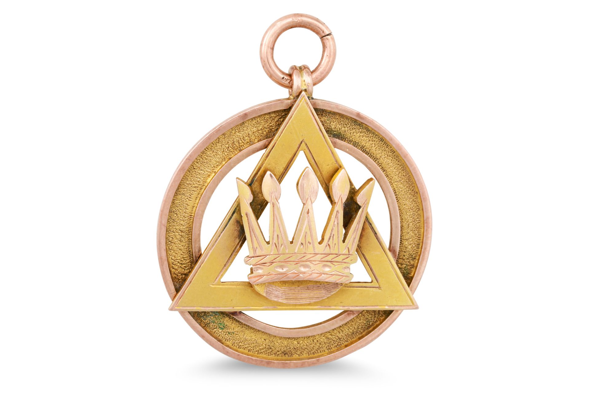 AN ANTIQUE 9CT GOLD MASONIC PENDANT, 7.7 g.