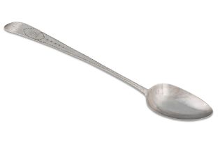 A GEORGE III IRISH SILVER BRIGHT CUT LONG HANDLED SERVING SPOON, Dublin 1793, by John Power, crested