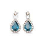 A PAIR OF DIAMOND AND TOPAZ DROP EARRINGS, the pear shaped topaz to diamond surrounds, detachable