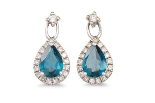 A PAIR OF DIAMOND AND TOPAZ DROP EARRINGS, the pear shaped topaz to diamond surrounds, detachable