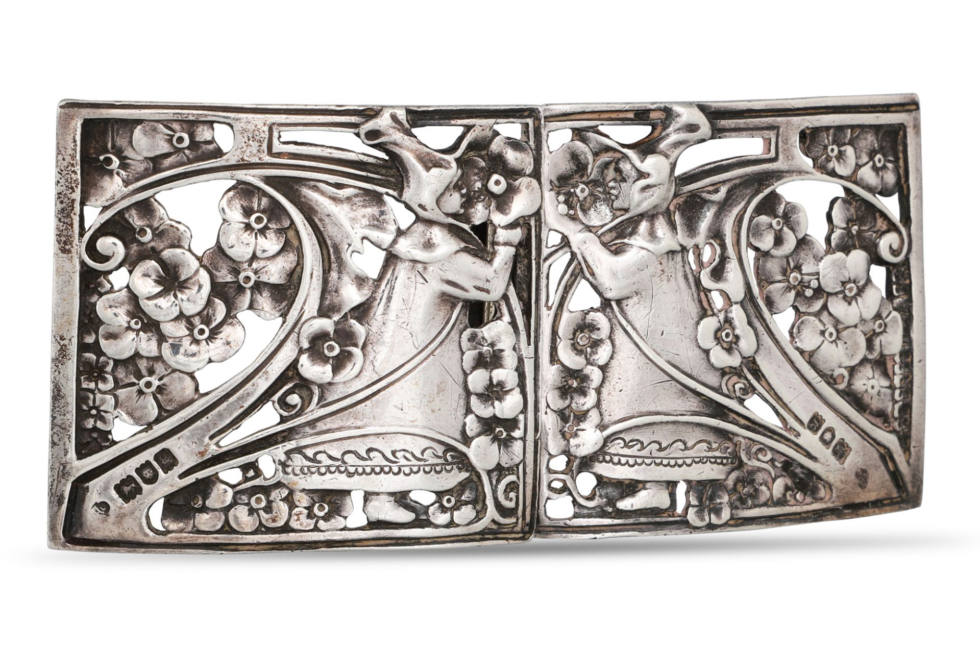 AN ATTRACTIVE ART NOUVEAU BOAR WAR PERIOD SILVER TWO PART NURSES BELT BUCKLE, London 1902, by Asprey