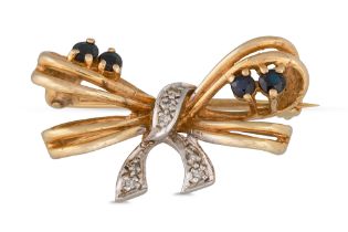 A VINTAGE DIAMOND AND SAPPHIRE BROOCH, bow shaped, mounted in gold