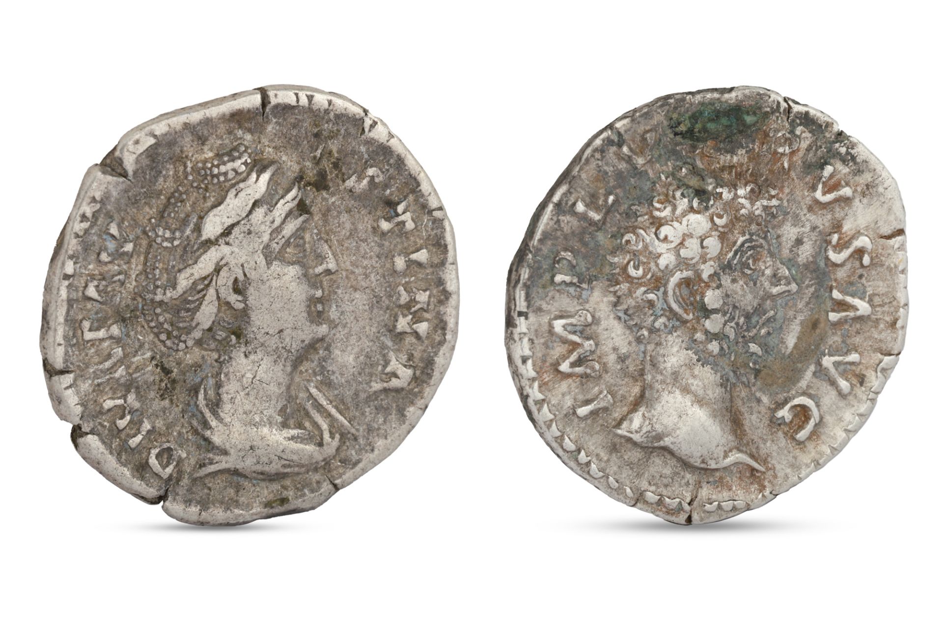 TWO ROMAN SILVER DENARIUS COINS, Lucius versus emperor 16 2/3 AD. VF and a Faustina Maior empress