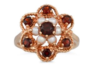 A GARNET AND PEARL CLUSTER RING, mounted in 9ct gold, size Q