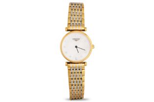 A LADY'S LONGINES 'LA GRANDE CLASSIC' TWO COLOUR GOLD PLATED WRISTWATCH, mother-of-pearl face with