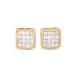A PAIR OF DIAMOND CLUSTER EARRINGS, set with princess cut diamonds mounted in 14ct yellow gold.