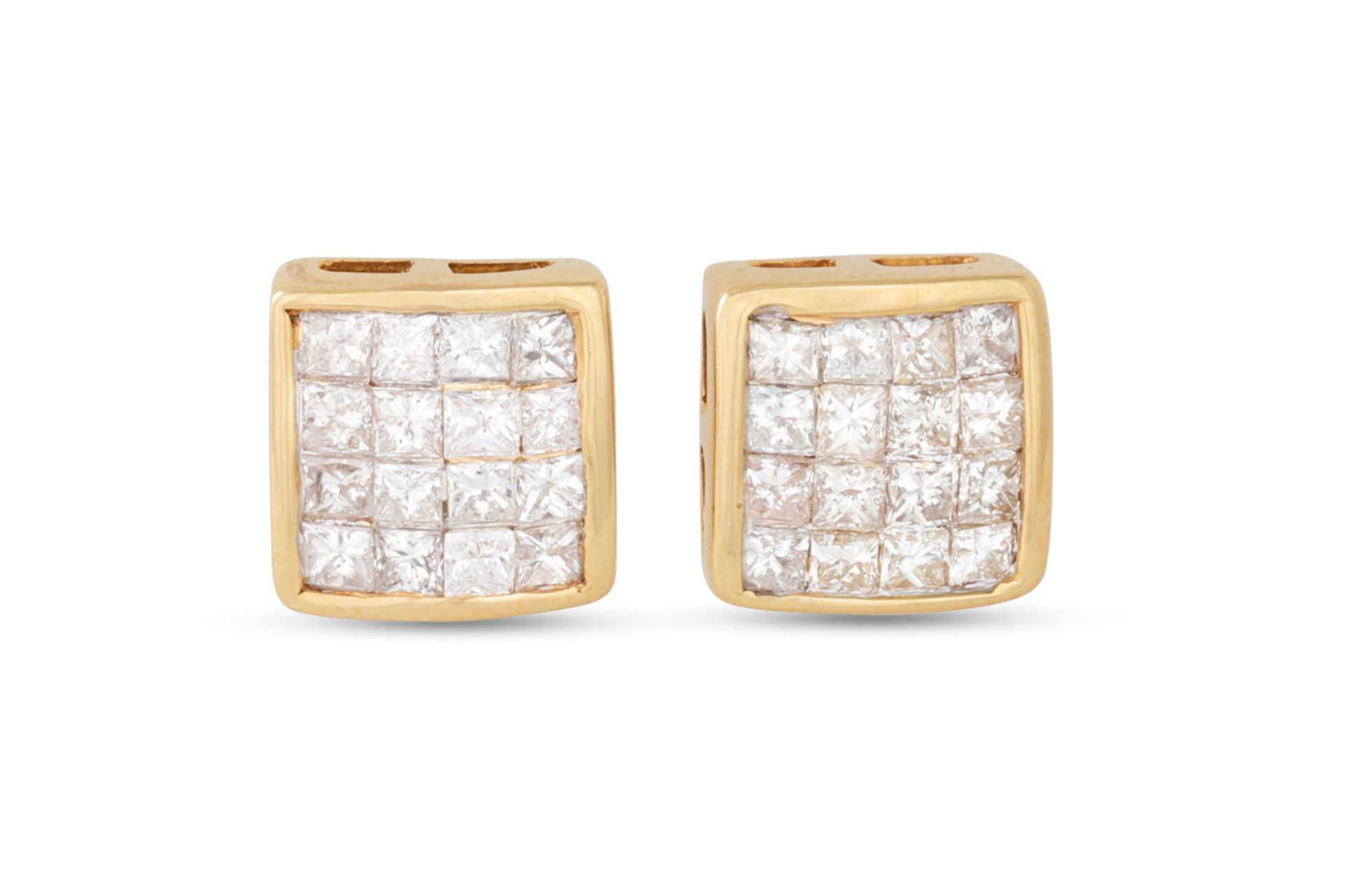 A PAIR OF DIAMOND CLUSTER EARRINGS, set with princess cut diamonds mounted in 14ct yellow gold.