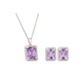 A DIAMOND AND AMETHYST PENDANT, the princess cut amethyst to diamond surround, on a white gold