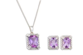 A DIAMOND AND AMETHYST PENDANT, the princess cut amethyst to diamond surround, on a white gold