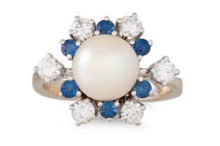 A PEARL, DIAMOND AND SAPPHIRE CLUSTER RING, mounted in 14ct white gold. Estimated: weight of