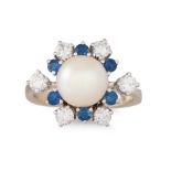A PEARL, DIAMOND AND SAPPHIRE CLUSTER RING, mounted in 14ct white gold. Estimated: weight of