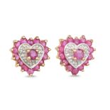 A PAIR OF DIAMOND AND RUBY CLUSTER EARRINGS, heart shaped, mounted in yellow gold