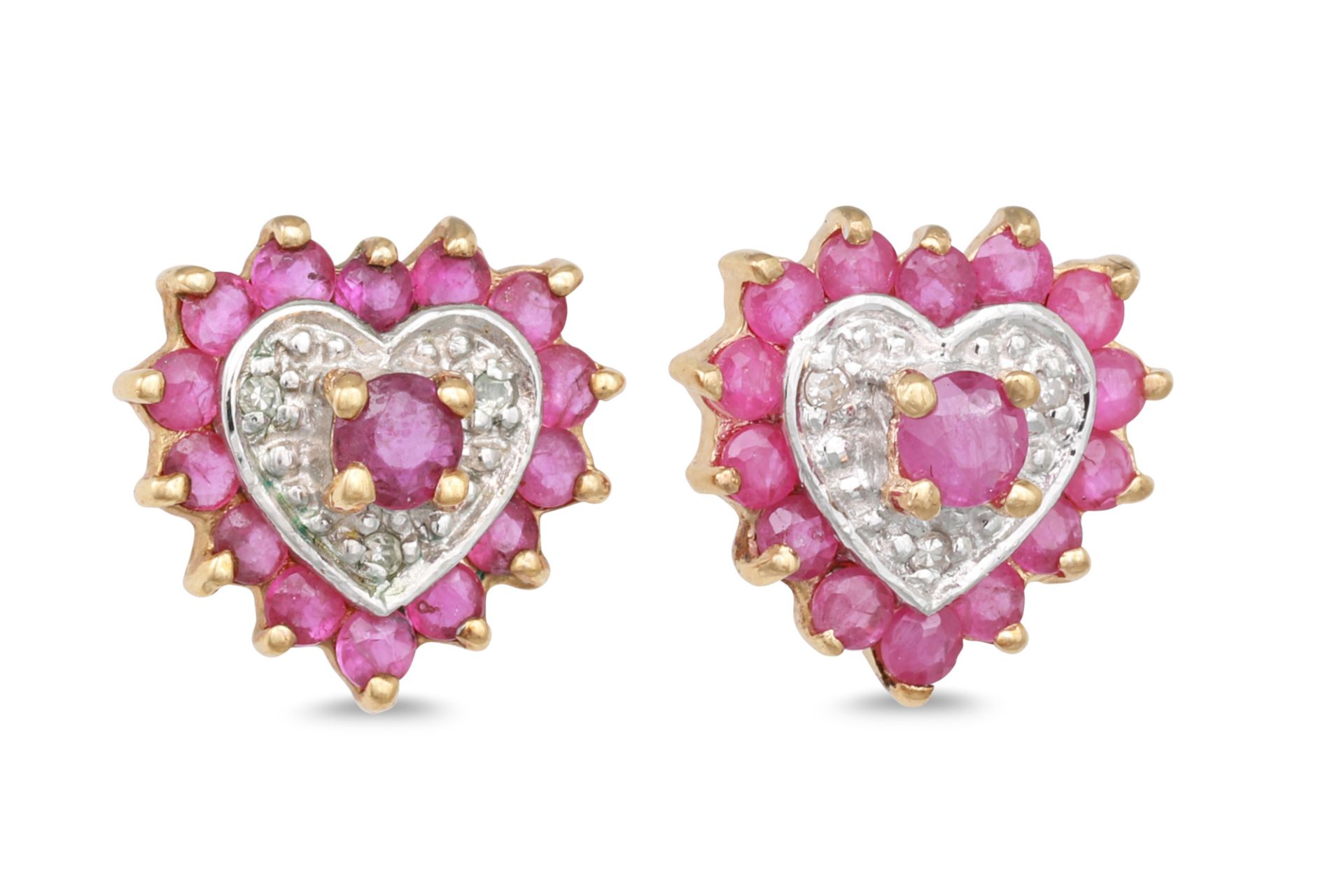 A PAIR OF DIAMOND AND RUBY CLUSTER EARRINGS, heart shaped, mounted in yellow gold