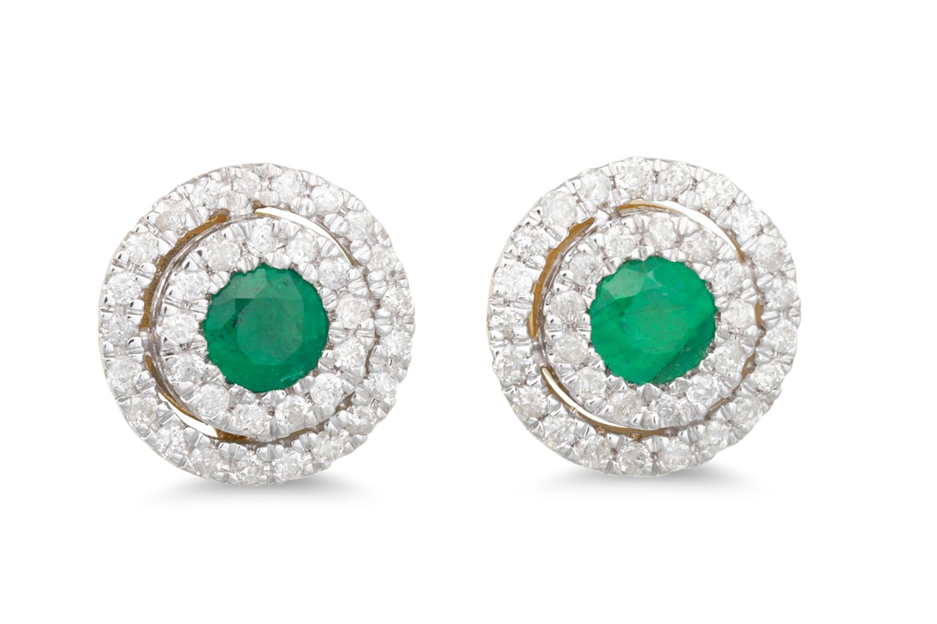 A PAIR OF DIAMOND AND EMERALD CLUSTER EARRINGS, the circular emeralds to diamond surrounds,