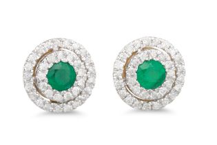 A PAIR OF DIAMOND AND EMERALD CLUSTER EARRINGS, the circular emeralds to diamond surrounds,