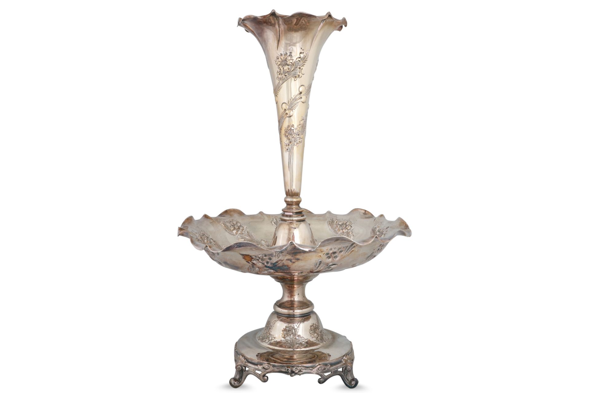 A VICTORIAN SHEFFIELD PLATED TIERED EPERGNE, the trumpet flute above a tiered dish over a stepped