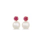 A PAIR OF CULTURED PEARL AND RUBY SET EARRINGS, mounted in 9ct yellow gold
