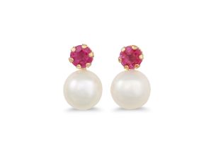 A PAIR OF CULTURED PEARL AND RUBY SET EARRINGS, mounted in 9ct yellow gold