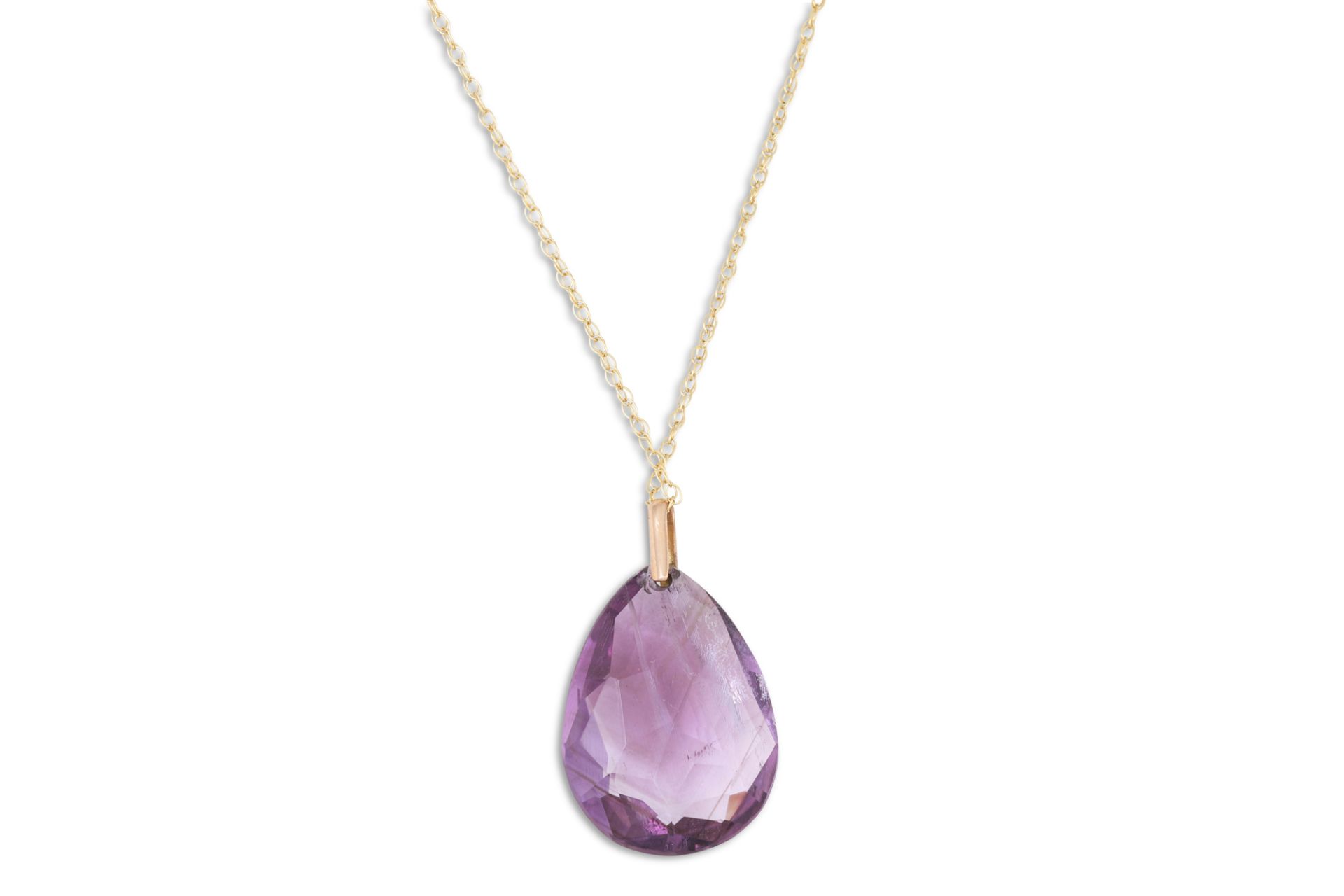 AN AMETHYST PENDANT, the large briolette drop on a 9ct gold chain