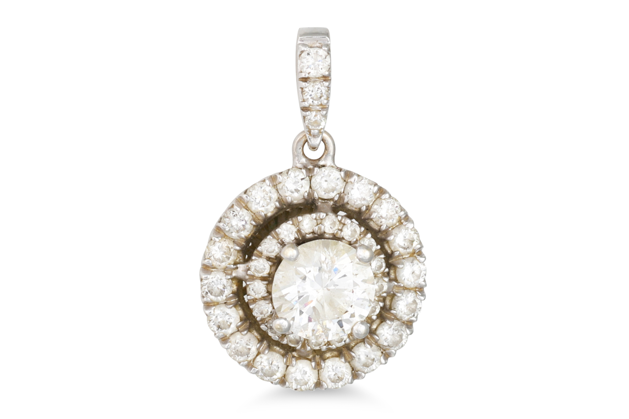 A DIAMOND SET HALO PENDANT, mounted in 14ct white gold. Estimated: weight of diamonds: 0.80 ct.
