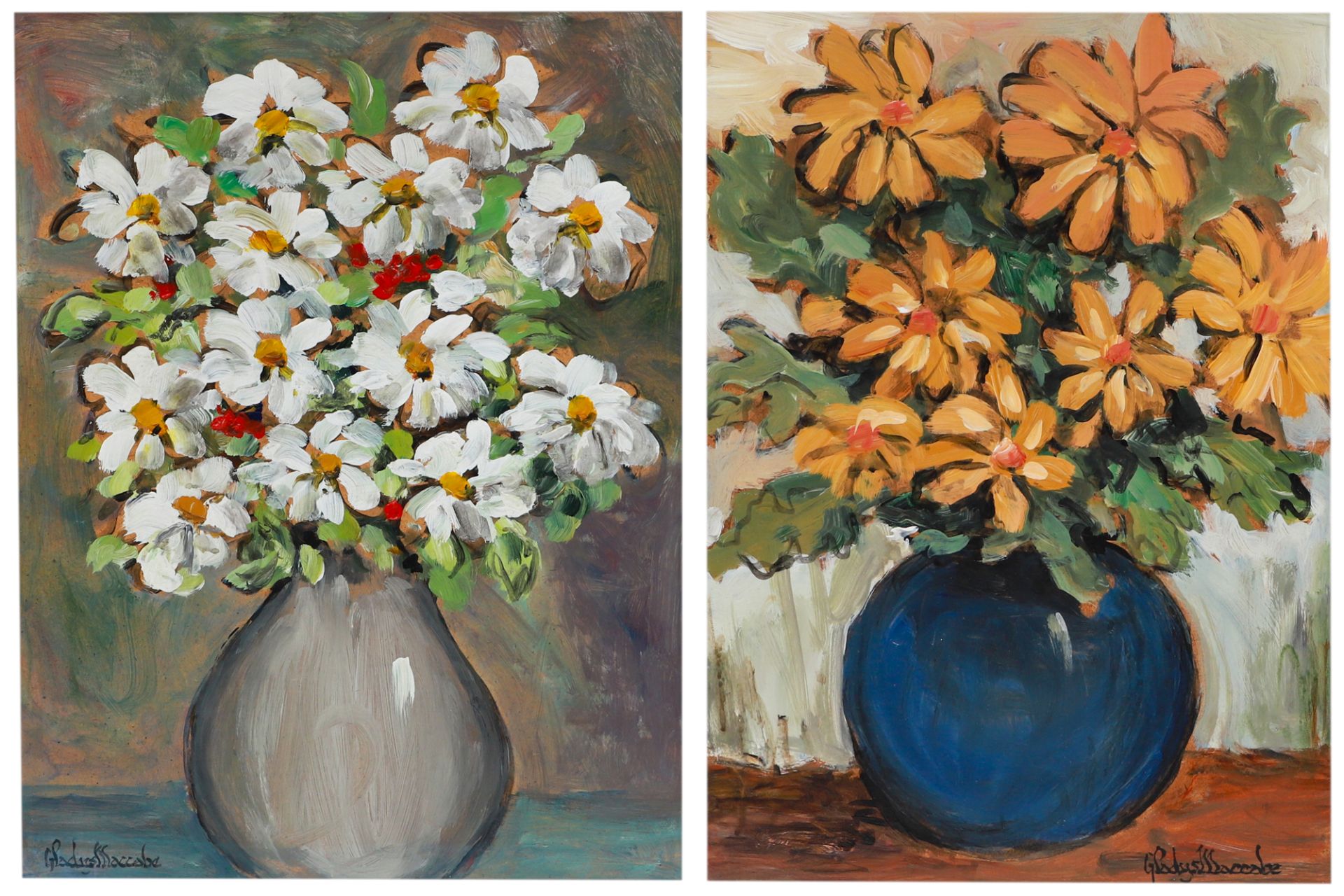GLADYS MACCABE HRVA (N Irl 1918–2018) still life, flowers in a vase, oil on board, ca 12 x 15.5"