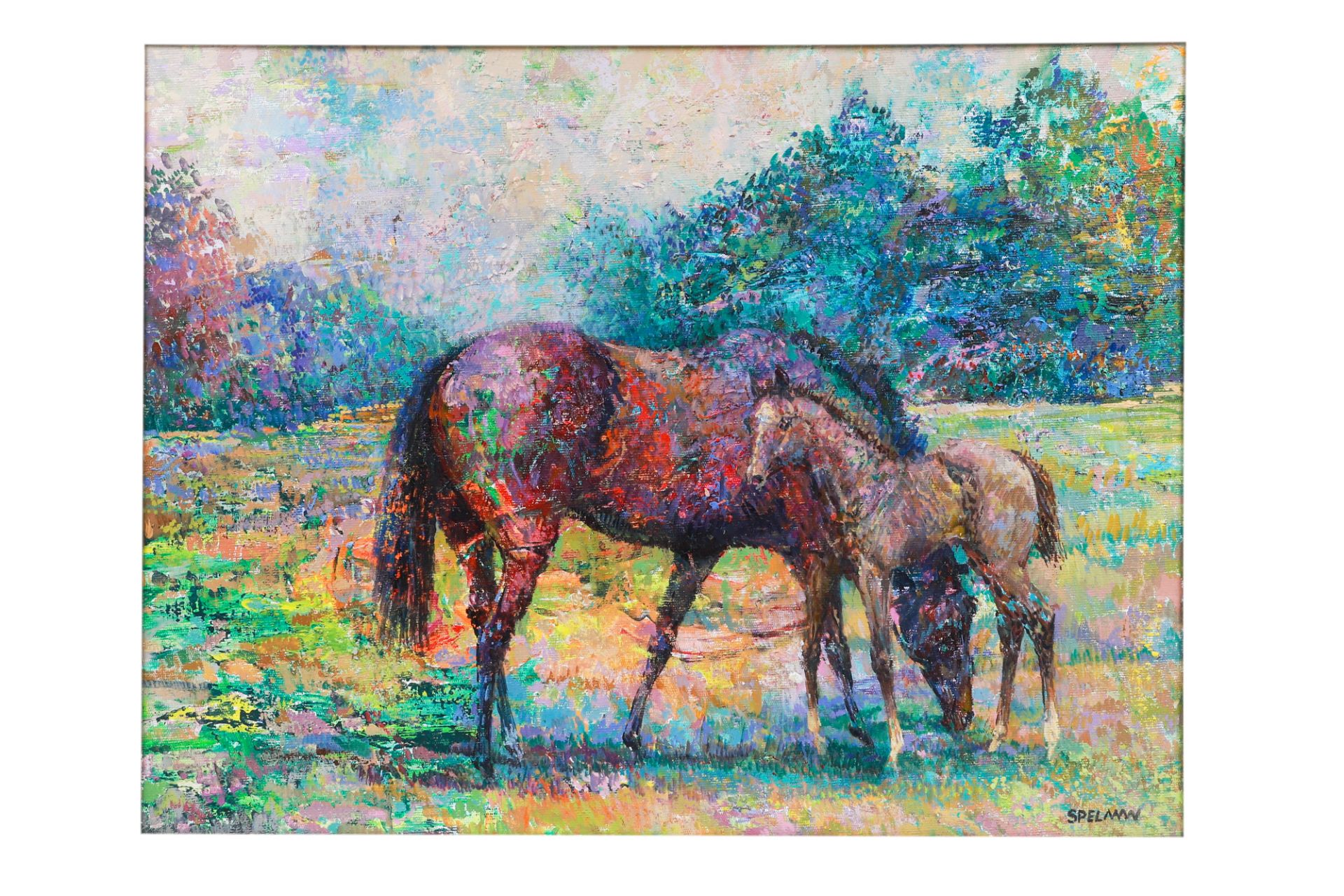 TOM SPELLMAN, untitled mare and foal, mixed media on board, ca 18 x 14"