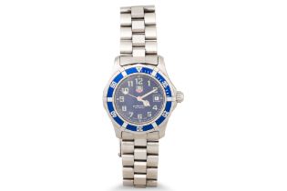 A LADY'S STAINLESS STEEL TAG HEUER WRISTWATCH, blue dial, professional model