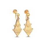 A PAIR OF ANTIQUE DROP EARRINGS, mounted in 9ct gold, screw on fittings