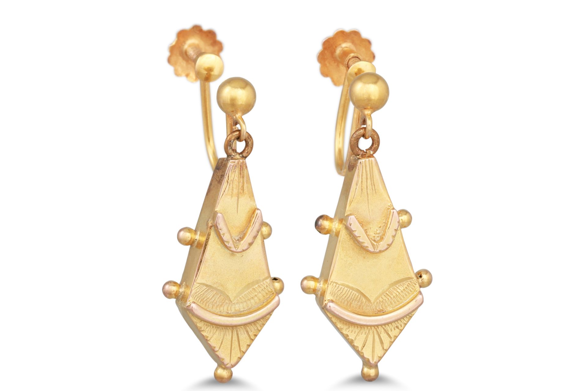 A PAIR OF ANTIQUE DROP EARRINGS, mounted in 9ct gold, screw on fittings