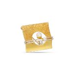 A VINTAGE DIAMOND AND CULTURED PEARL SET BROOCH, mounted in 18ct gold with part bark and polished