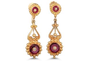 A PAIR OF ANTIQUE GOLD DROP CLUSTER EARRINGS, gem set