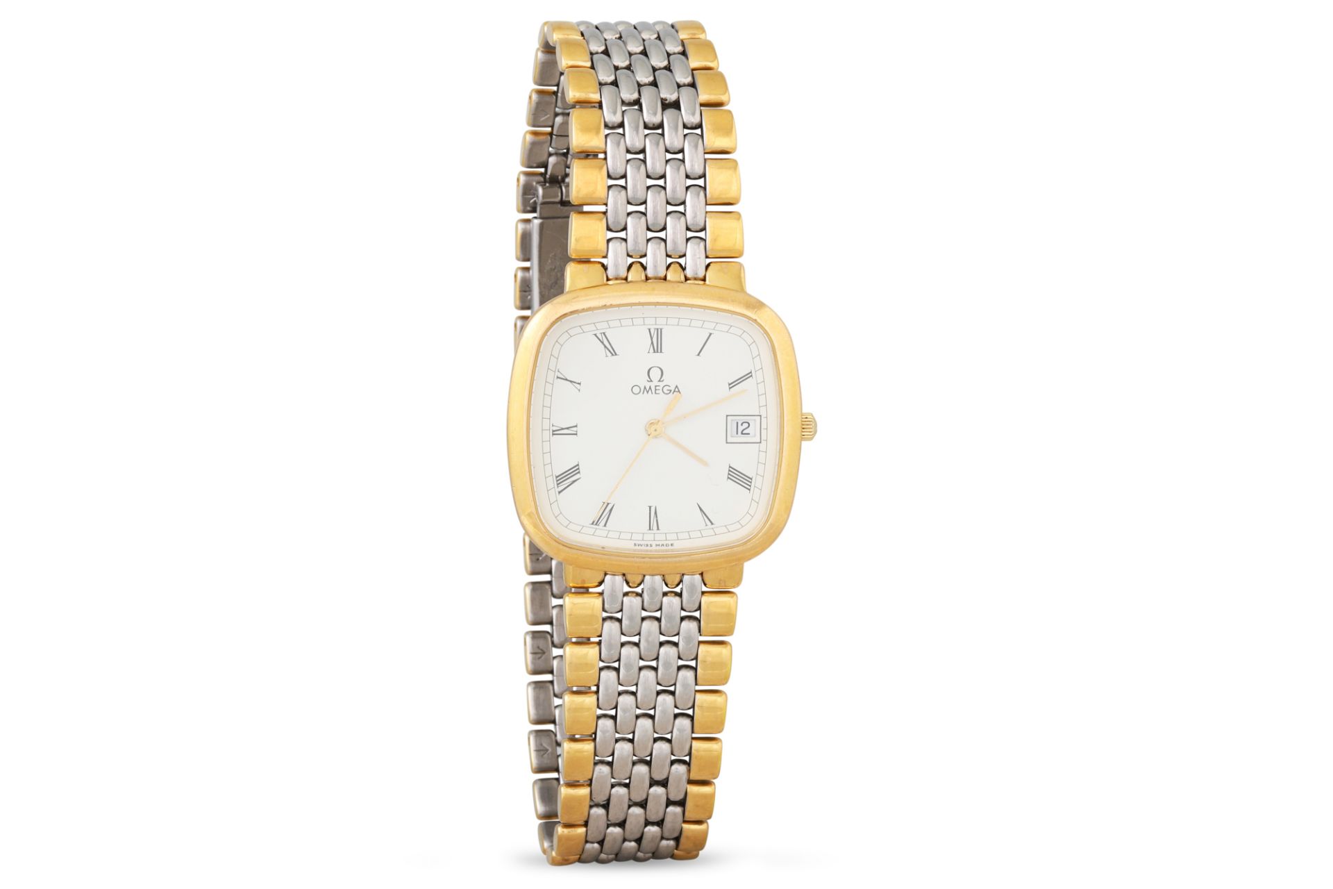 A GENT'S BI-METAL WRISTWATCH, square face, white dial, bracelet strap