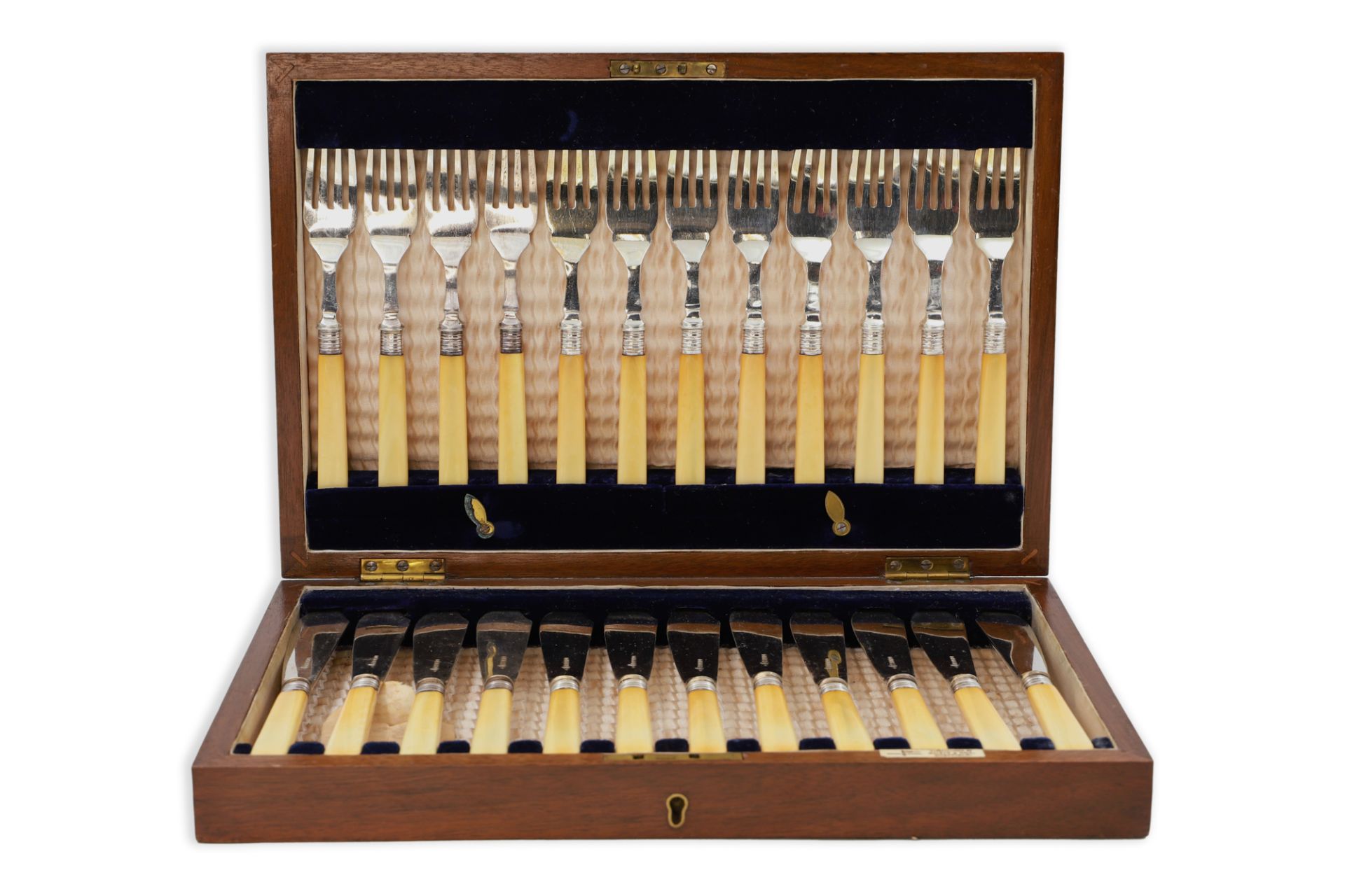 A GEORGE V MAHOGANY CASED SET OF TWELVE SILVER PLATED FISH KNIVES AND FORKS, bone handles By