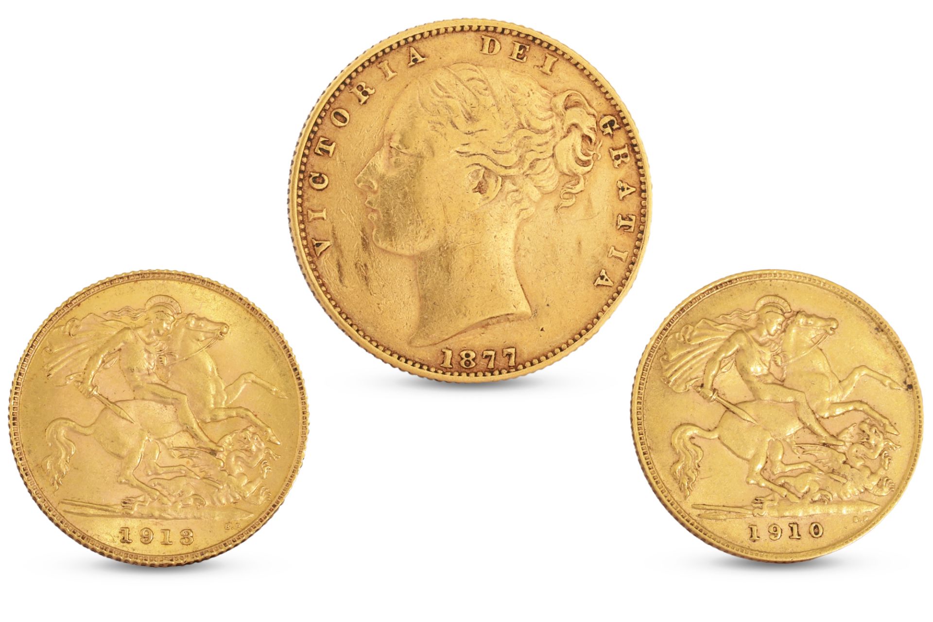 AN 1877 ENGLISH FULL SOVEREIGN VICTORIAN GOLD COIN, plus two half sovereign , 1910 & 1918 GV, both