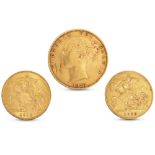 AN 1877 ENGLISH FULL SOVEREIGN VICTORIAN GOLD COIN, plus two half sovereign , 1910 & 1918 GV, both
