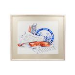 JUDITH WALSHE (IRL Contemporary) untitled, still life, depicting a copy of the Irish Times and a