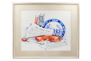 JUDITH WALSHE (IRL Contemporary) untitled, still life, depicting a copy of the Irish Times and a
