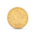 AN 1885 AMERICAN HALF EAGLE $5 GOLD COIN, quarter oz GVF 22 ct., weight 8.3 g.