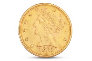 AN 1885 AMERICAN HALF EAGLE $5 GOLD COIN, quarter oz GVF 22 ct., weight 8.3 g.