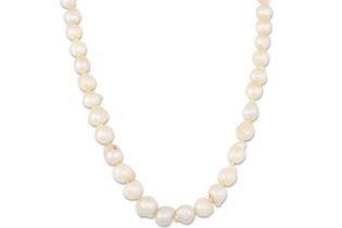 A BAROQUE PEARL NECKLACE, cream tones with a 9ct gold clasp