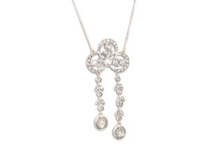 A DIAMOND PENDANT, the rose cut diamond comprising an openwork panel suspending two diamond drops,