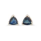 A PAIR OF SAPPHIRE SET EARRINGS, triangular shaped, mounted in white gold