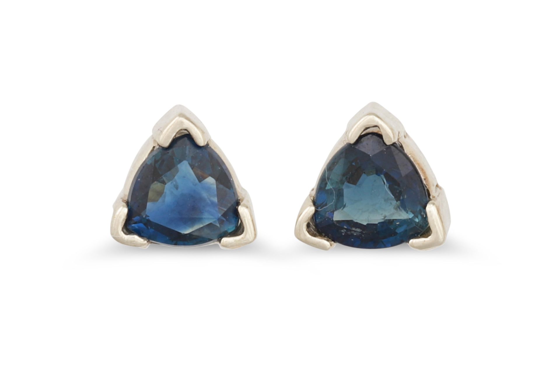 A PAIR OF SAPPHIRE SET EARRINGS, triangular shaped, mounted in white gold