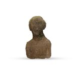 AN ANTIQUE CARVED SANDSTONE HEAD & SHOULDERS OF A LADY, weather beaten face, hair up & veiled,