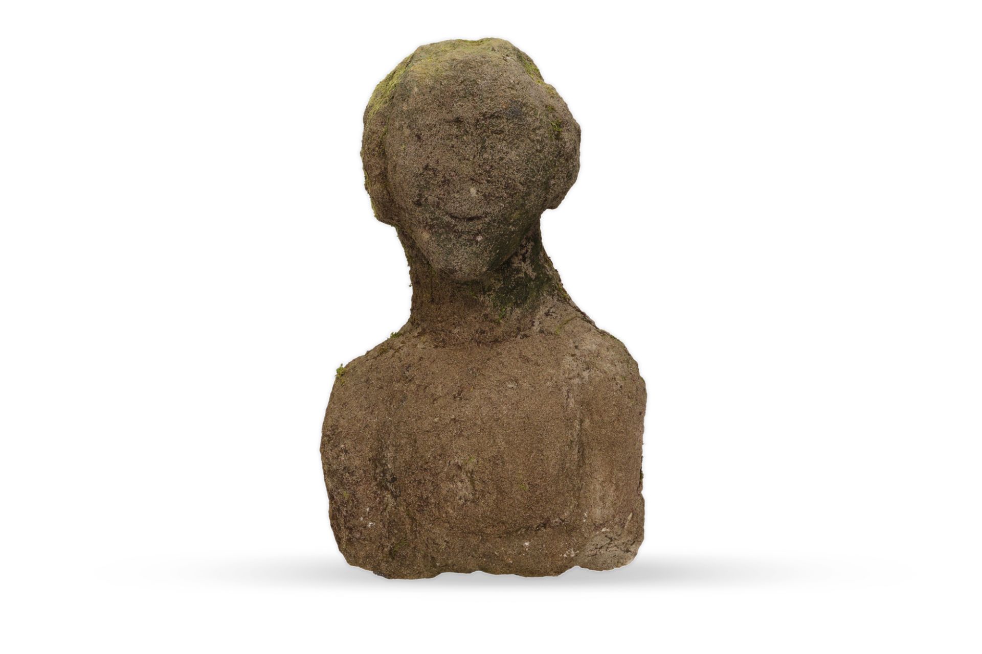 AN ANTIQUE CARVED SANDSTONE HEAD & SHOULDERS OF A LADY, weather beaten face, hair up & veiled,