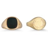 A 9CT GOLD GENTS SIGNET RING, together with another gold signet ring