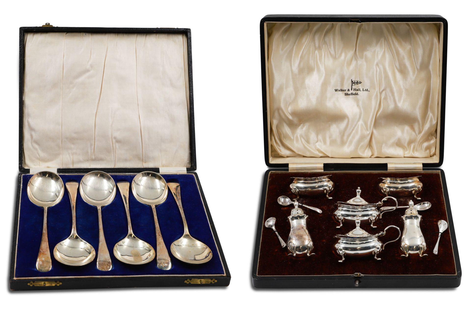 A MID 20TH CENTURY CASED SIX-PIECE CONDIMENT SET, with four condiment spoons, by Walker & Hall,