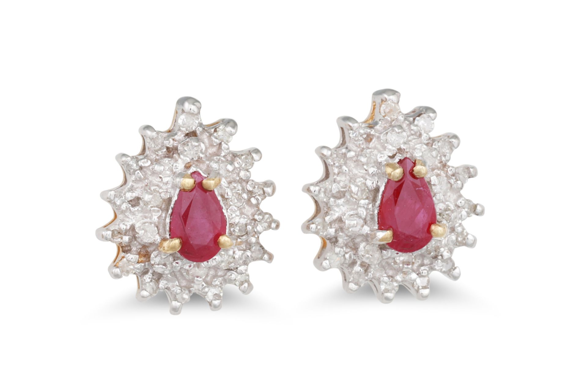A PAIR OF DIAMOND AND RUBY CLUSTER EARRINGS, the pear shaped rubies to diamond surrounds, mounted in