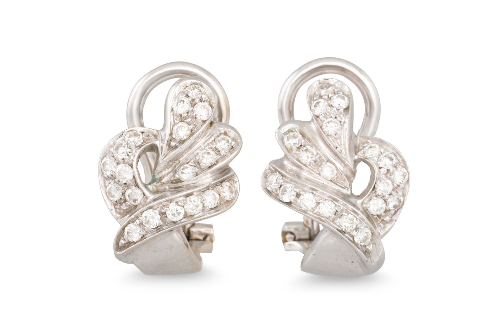 A PAIR OF DIAMOND CLUSTER EARRINGS, mounted in 18ct white gold, from Hartmann, Galway, 5.9 g.,